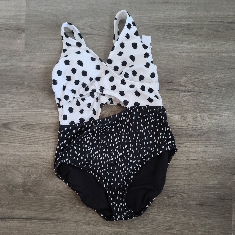 Beach Betty By Miracle Brands Slimming Black Criss Cross Polka Dot One Piece